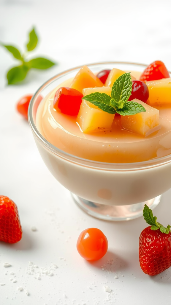 A bowl of almond jelly topped with mixed fruits and a sprig of mint.