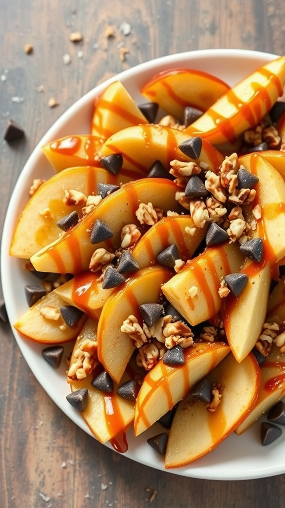 A plate of apple nachos topped with caramel sauce, chocolate chips, and nuts.