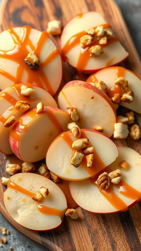 Sliced apples drizzled with caramel and topped with nuts on a wooden platter