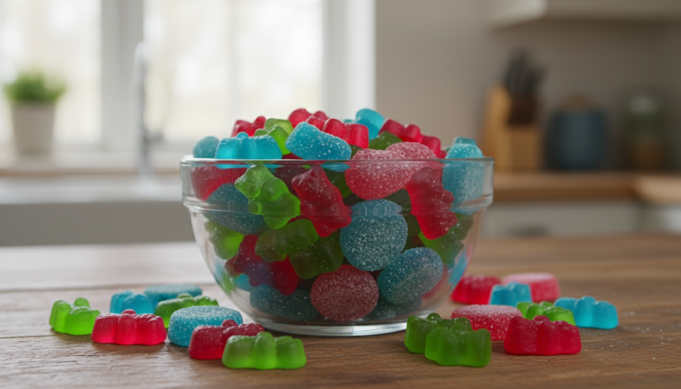 Assorted Jolly Rancher gummy bears and bites in a clear glas