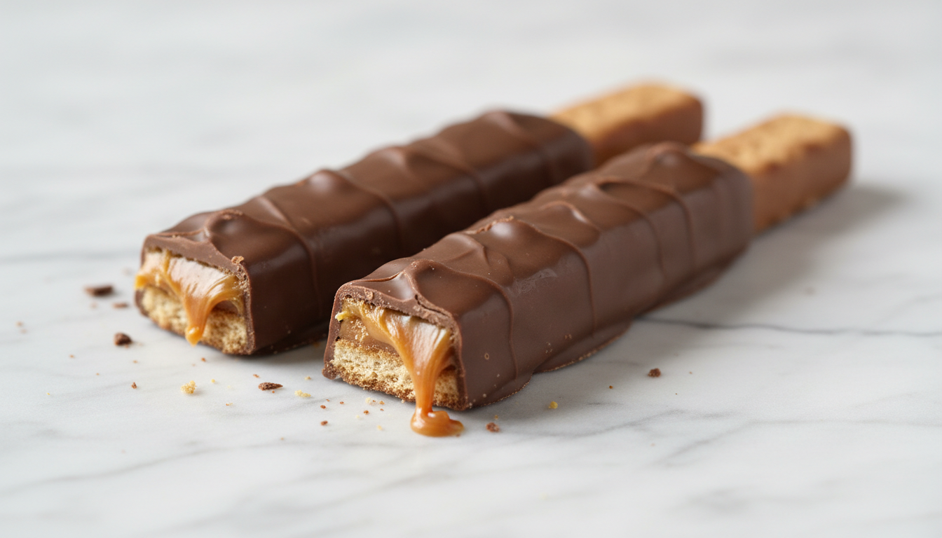 Twix bar unwrapped showing twin sticks — chocolate, caramel,