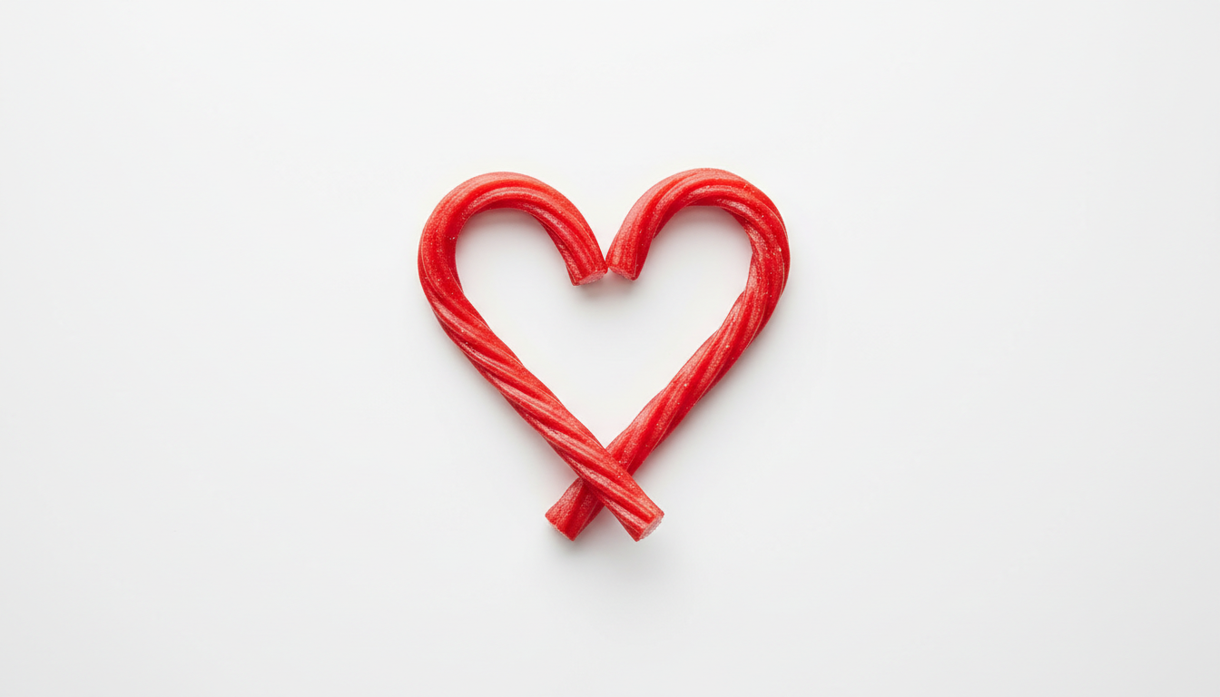 Single Twizzler twisted into heart shape on white background