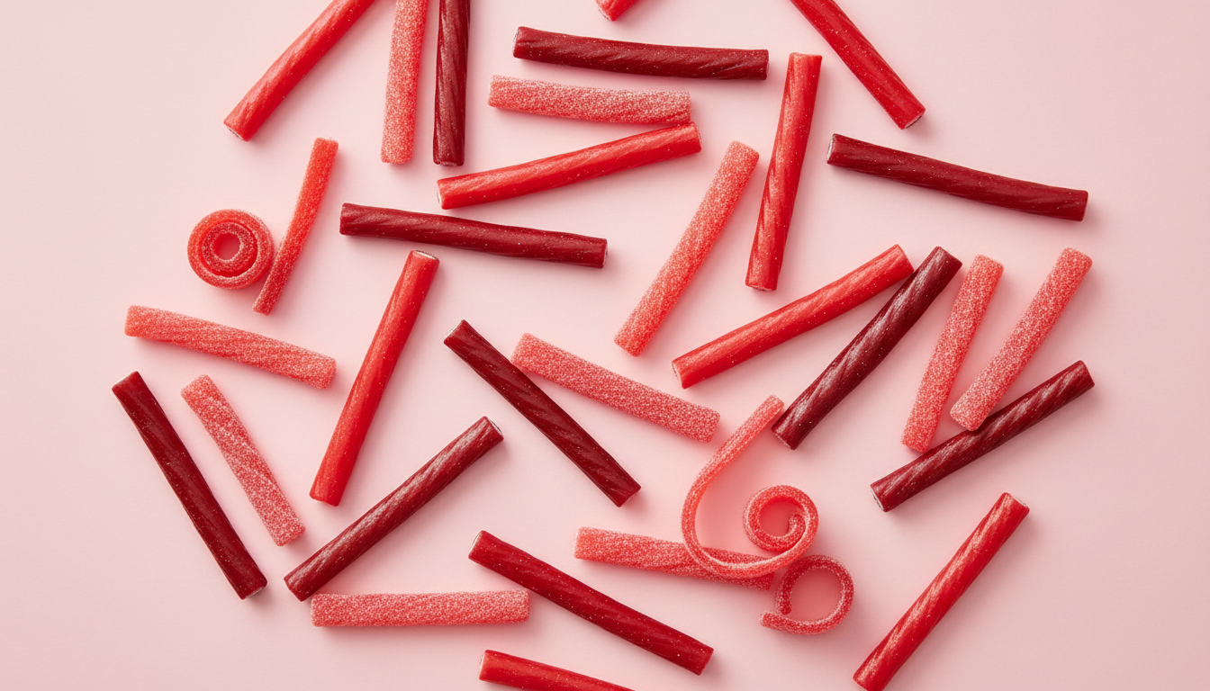 Various Twizzlers flavors — strawberry, watermelon, cherry —