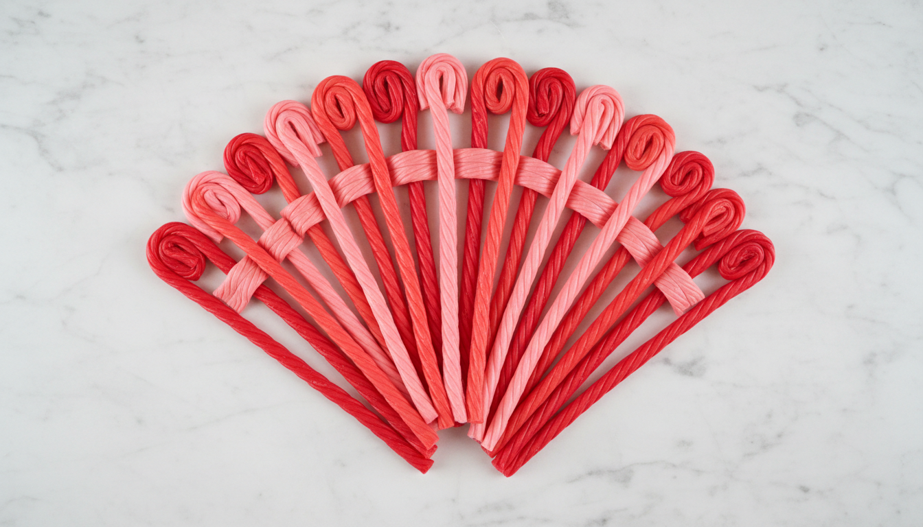 Overhead flat-lay of red and strawberry Twizzlers candy arra