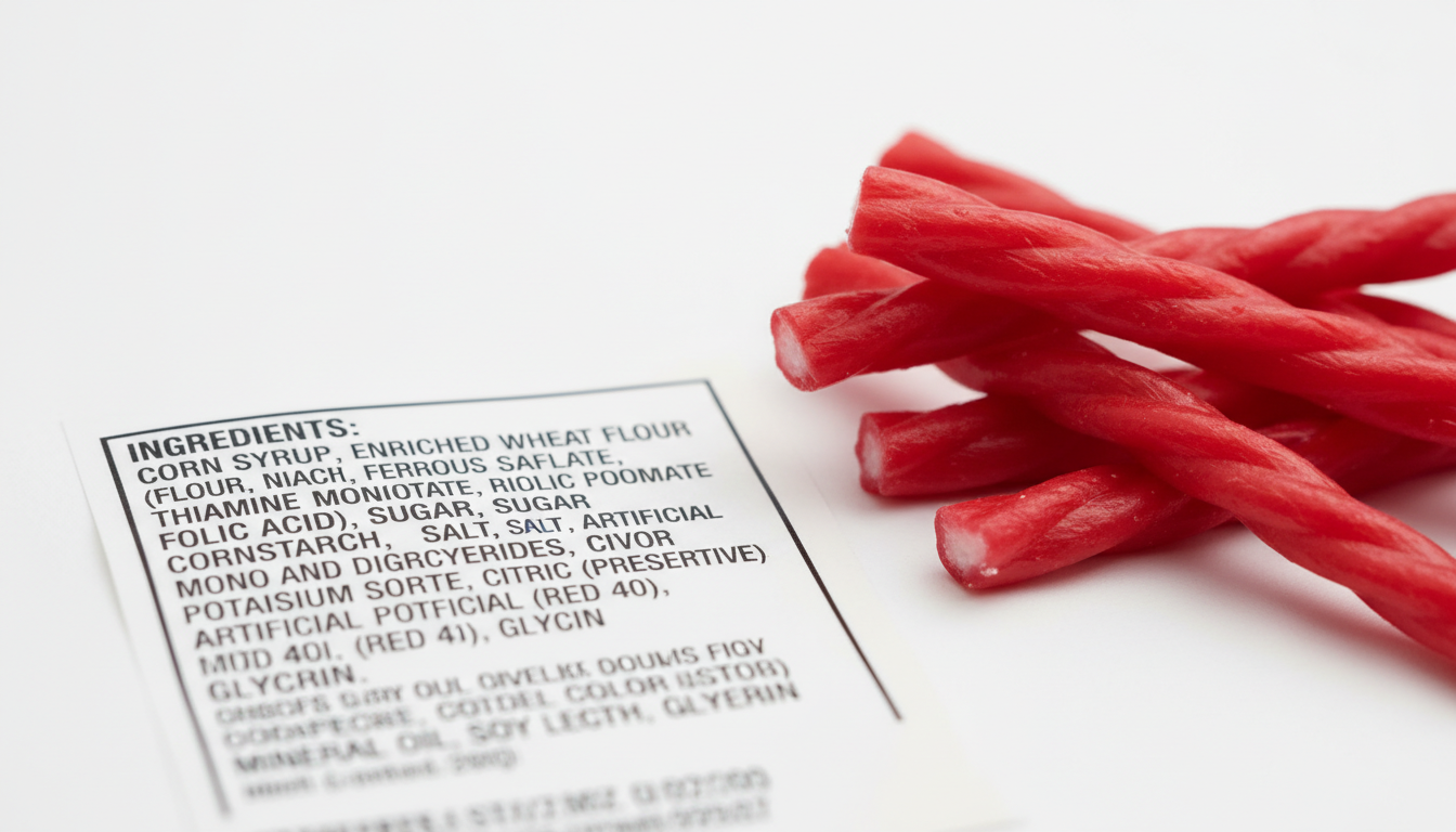 Close-up macro of Twizzlers ingredients label clearly visibl