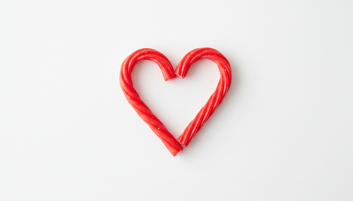 Single Twizzler twisted into heart shape on white background