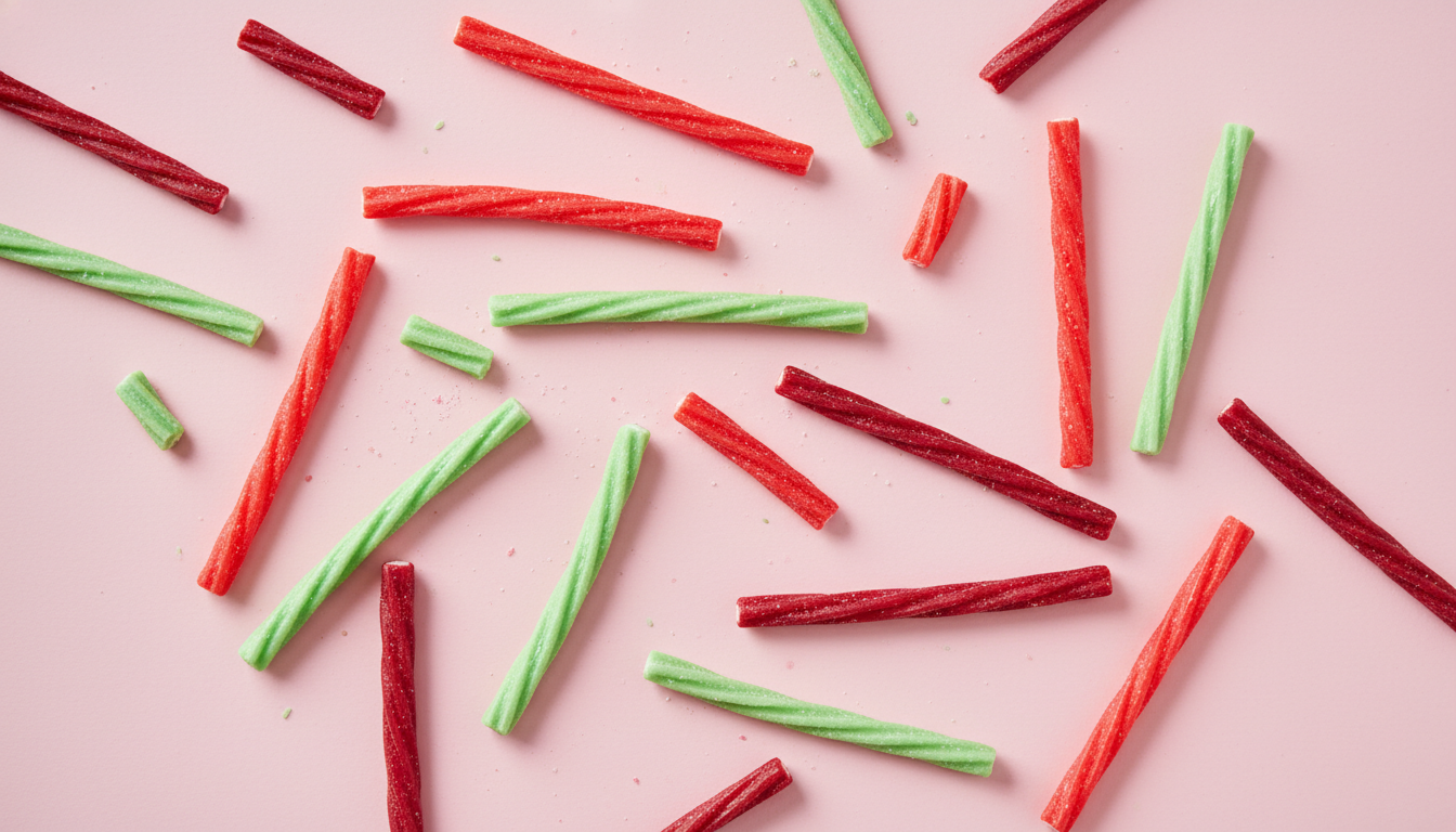 Various Twizzlers flavors — strawberry, watermelon, cherry —