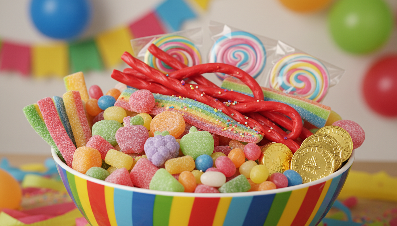 Kid-friendly candy bowl filled with Twizzlers and other hala