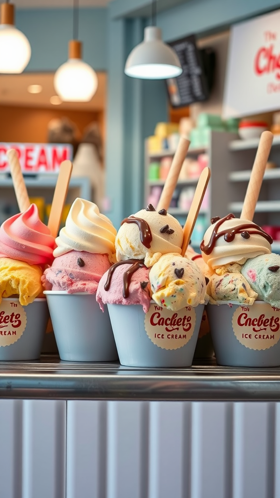 Colorful artisan ice cream cups with various flavors and toppings