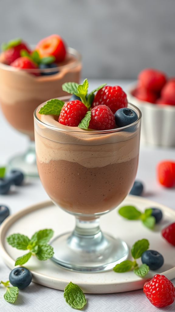 A creamy avocado chocolate mousse topped with fresh berries and mint leaves