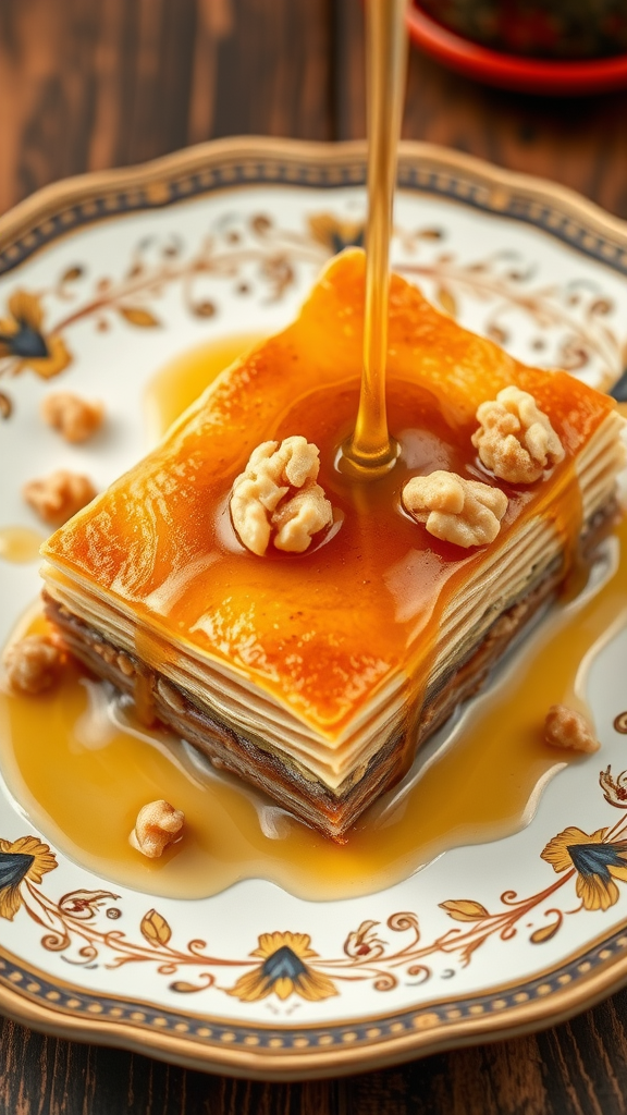 Delicious layered baklava drizzled with honey syrup, garnished with walnuts