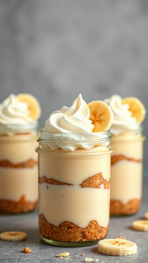 Delicious banana cream pie in jars with layers of banana slices, pudding, and whipped cream.