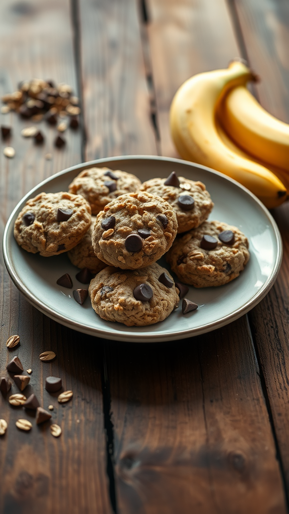 A plate of banana oatmeal cookies with chocolate chips.