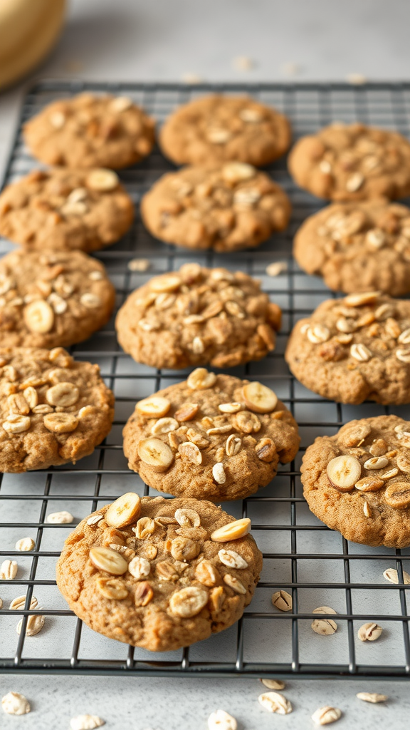 Banana oatmeal cookies cooling on a wire rack, sprinkled with oats and slices of banana.