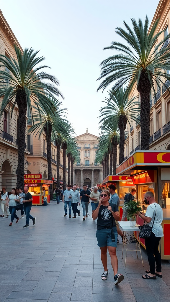 A vibrant street in Barcelona with palm trees and churro stalls, bustling with people.