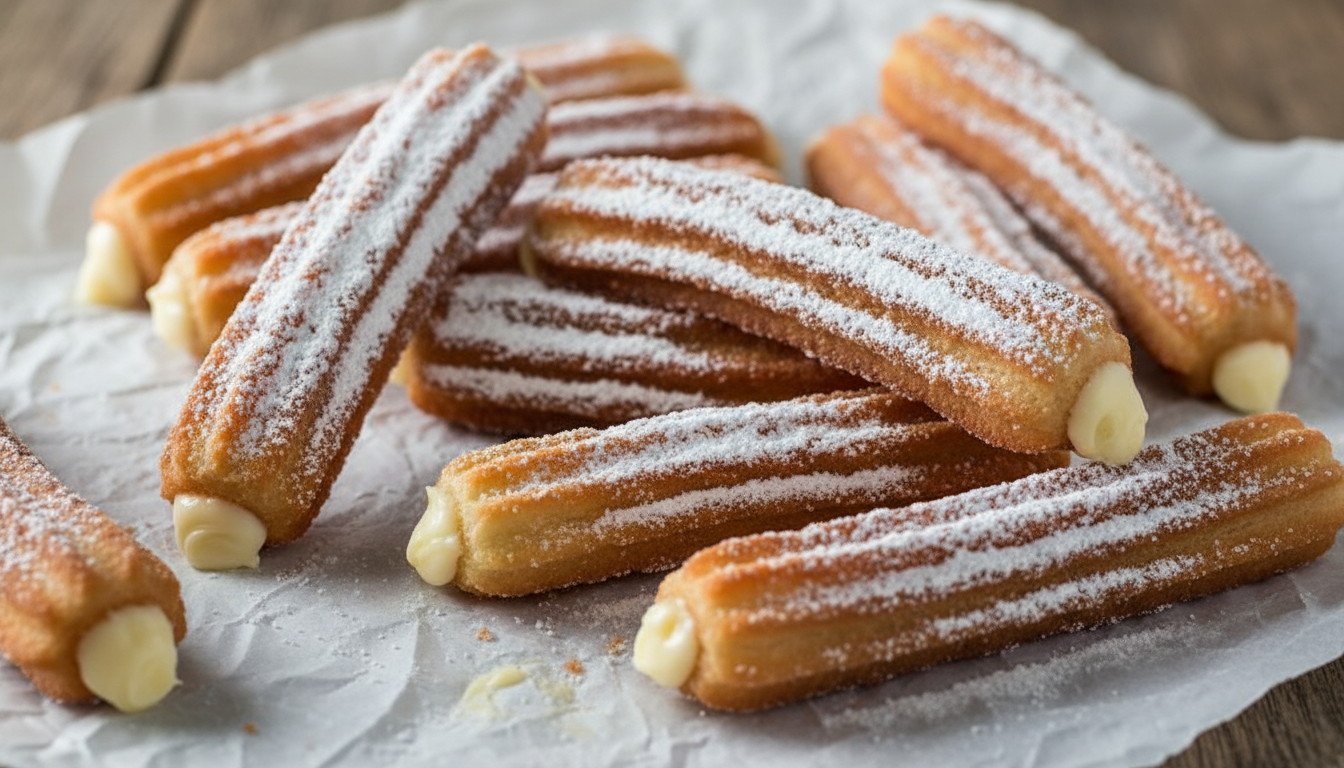 Freshly filled Bavarian cream churros dusted with powdered s