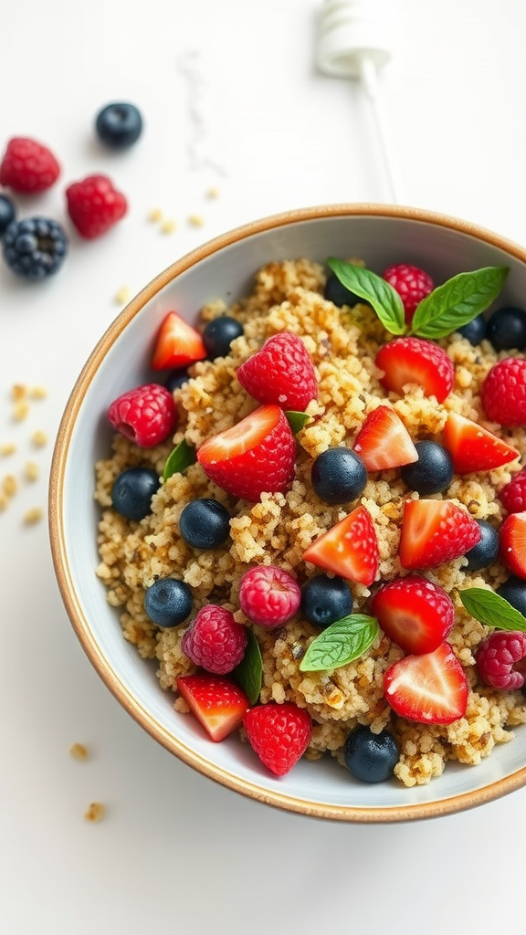 A colorful bowl of berry quinoa salad topped with fresh mint.