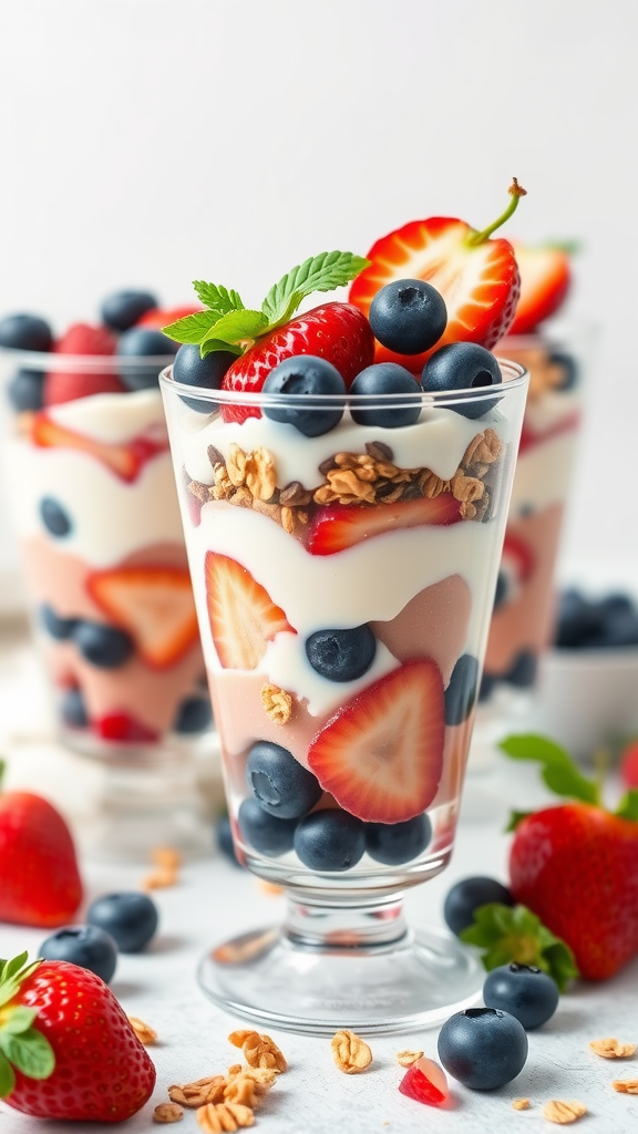 Delicious berry yogurt parfaits with strawberries, blueberries, and granola in glass cups