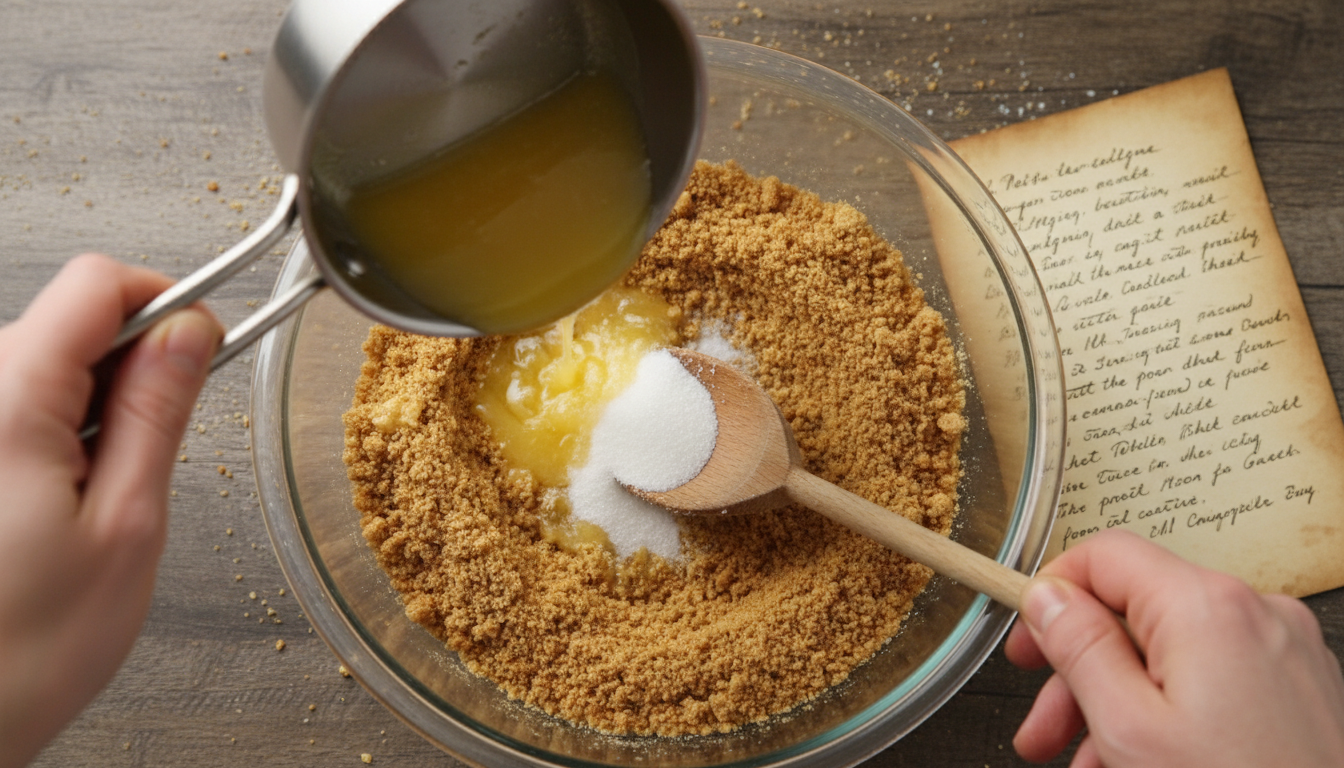 Graham cracker crumbs, melted butter, and sugar being combin