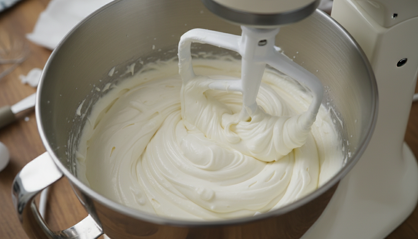 Cream cheese being beaten until perfectly smooth in stand mi