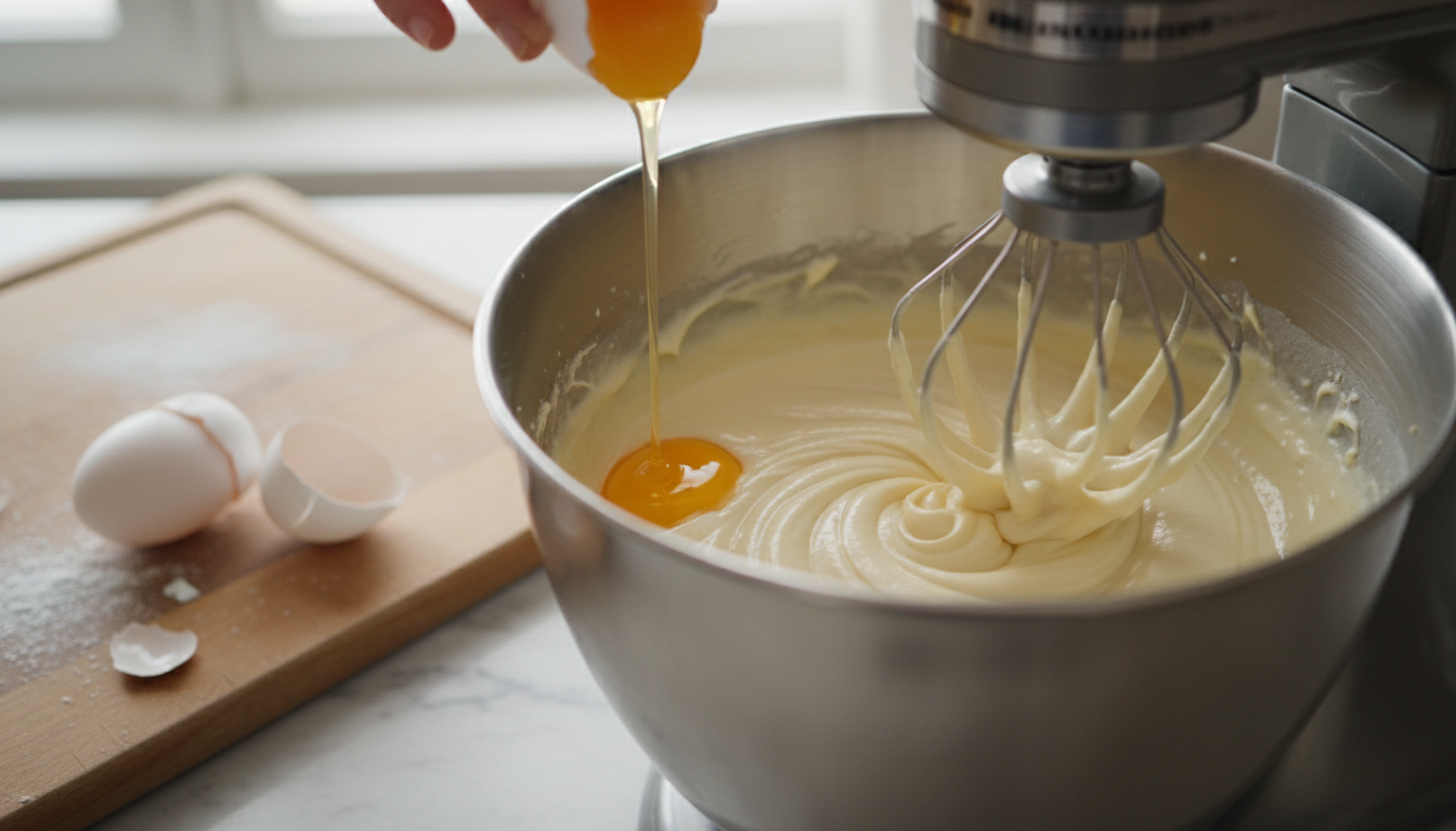 Eggs being added one at a time to cheesecake batter, mixer o