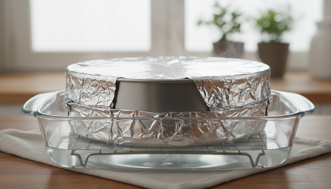 Springform pan wrapped in two layers of aluminum foil ready 