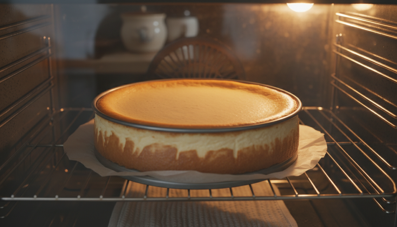 Perfectly baked cheesecake with slightly golden top, single 