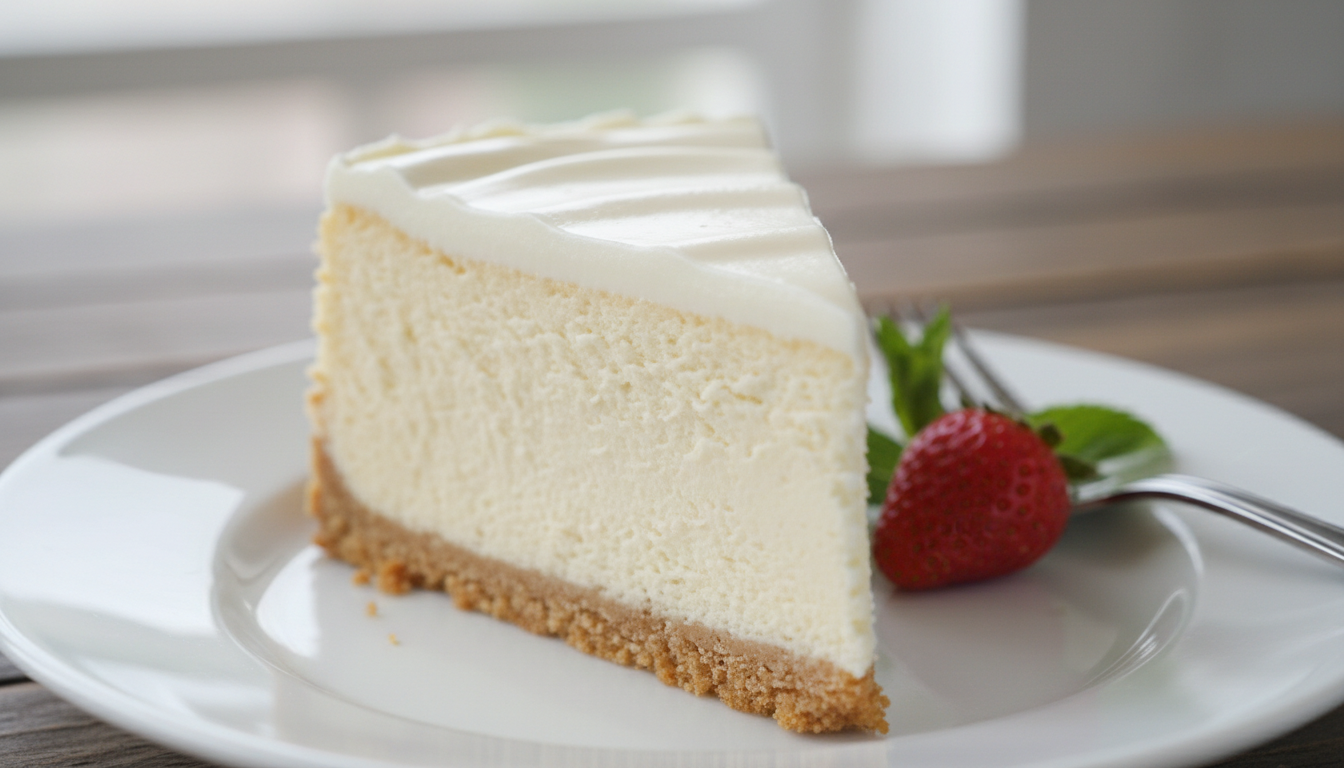 Slice of perfect cheesecake on white plate — dense creamy in