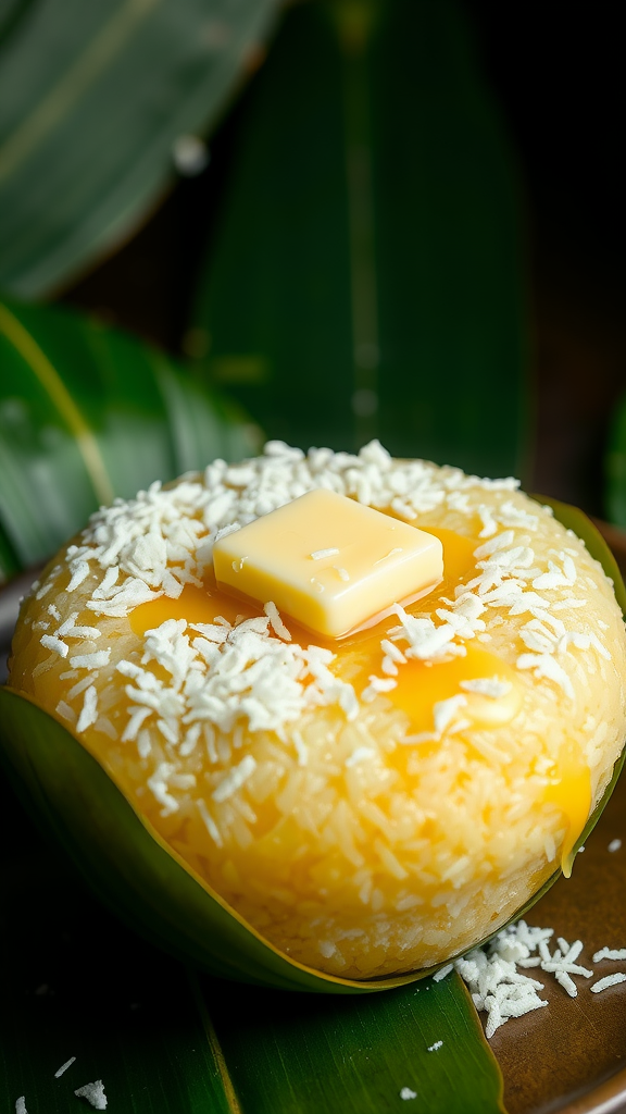 A delicious serving of bibingka, a traditional Filipino rice cake, topped with grated coconut and butter.