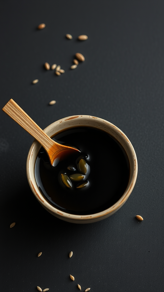 A bowl of black sesame soup with seeds on the side