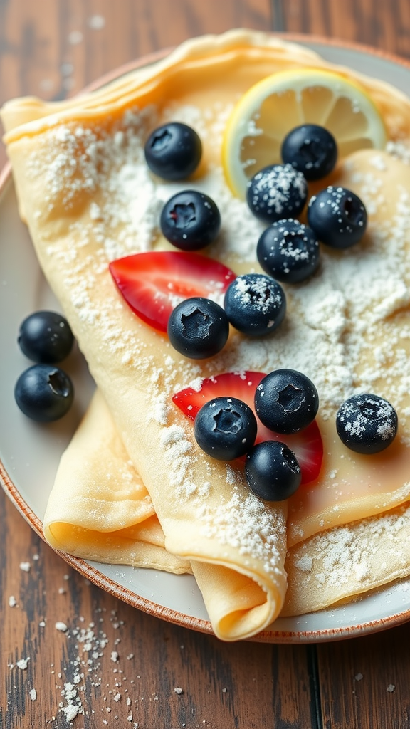 Delicious blueberry lemon ricotta crepes served with fresh blueberries and lemon slices.