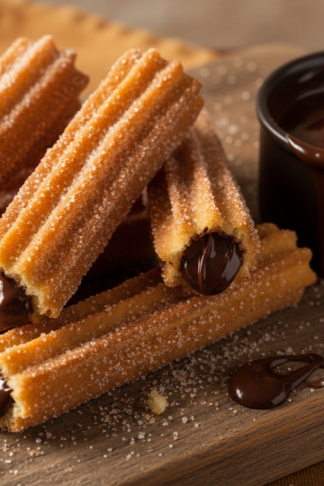 Golden crispy Brazilian churros filled with chocolate brigadeiro, dusted with cinnamon sugar, served with brigadeiro dipping sauce