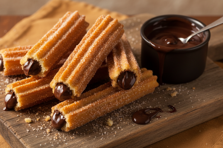 Golden crispy Brazilian churros filled with chocolate brigadeiro, dusted with cinnamon sugar, served with brigadeiro dipping sauce