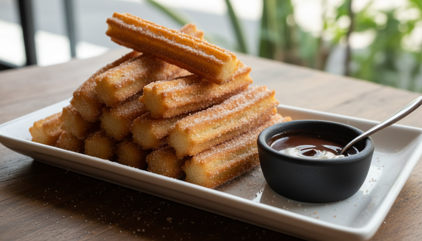 Plate of Brazilian churros stacked neatly with cinnamon sugar dusting and a small ramekin of brigadeiro dipping sauce