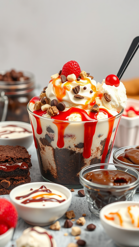 A delicious brownie sundae topped with ice cream, whipped cream, nuts, and a cherry