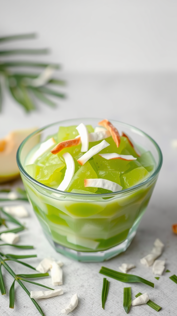 A refreshing bowl of buko pandan, featuring green jelly and coconut strips.