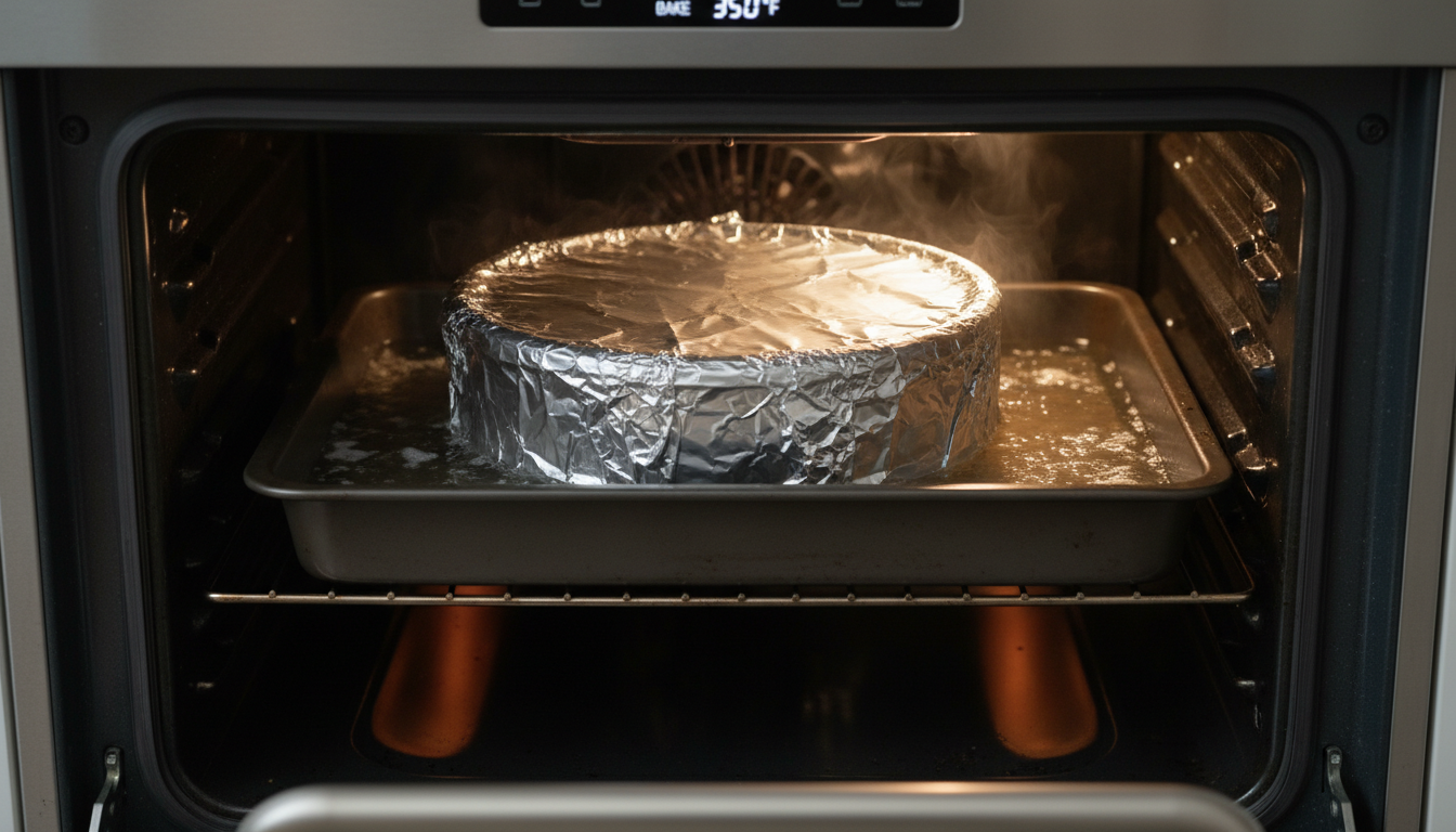 Water bath setup: springform pan wrapped in foil inside larg