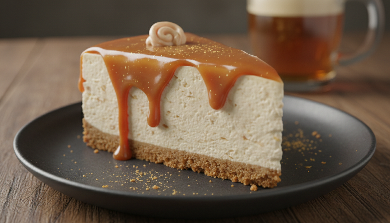 Slice of butterbeer cheesecake on dark plate showing golden 