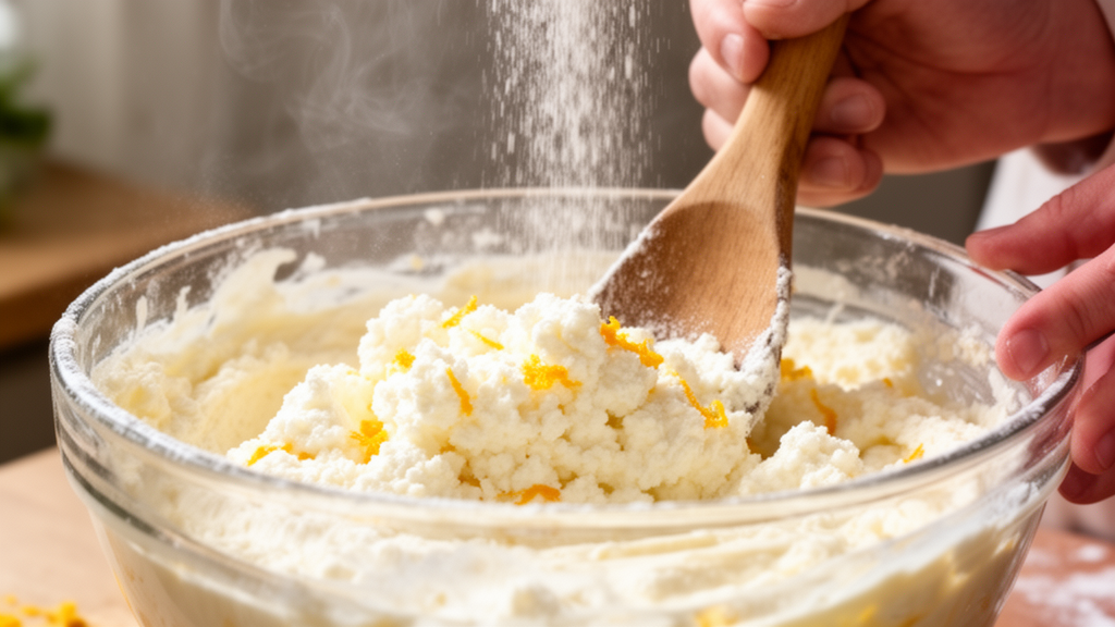 Close-up food photography of hands mixing cake batter with ricotta and orange zest