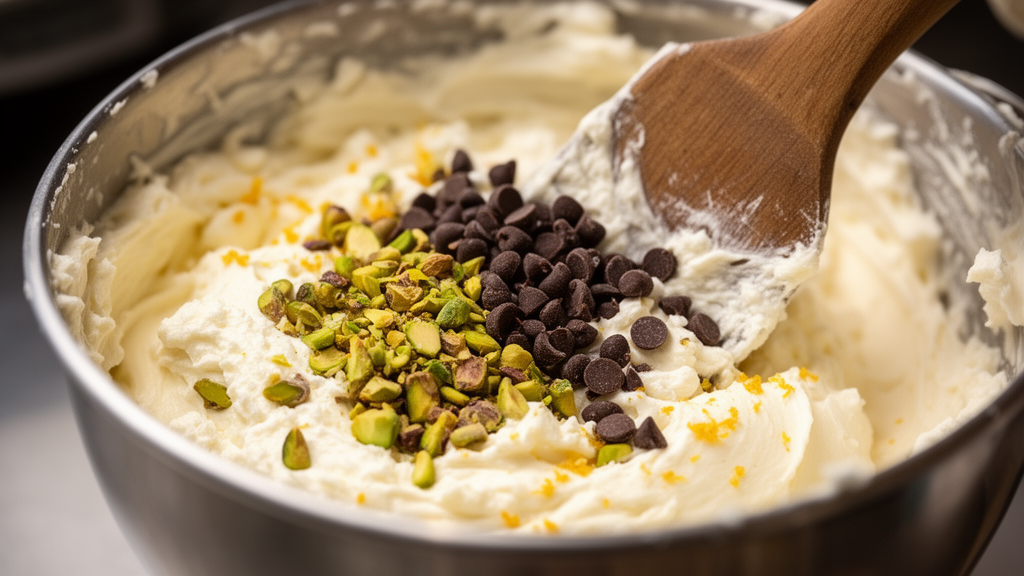 Ricotta cannoli filling being mixed with mini chocolate chips and pistachios