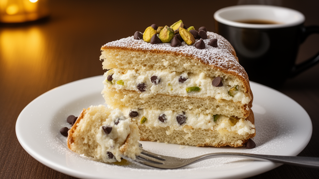 Finished cannoli cake slice showing cross-section with three layers and ricotta filling