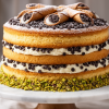 Professional food photography of a stunning three-layer cannoli cake on a marble cake stand, decorat