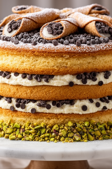 Professional food photography of a stunning three-layer cannoli cake on a marble cake stand, decorat