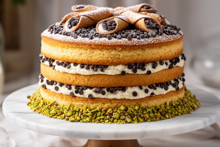Professional food photography of a stunning three-layer cannoli cake on a marble cake stand, decorat