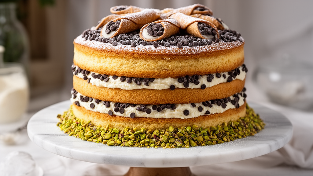 Professional food photography of a stunning three-layer cannoli cake on a marble cake stand, decorat