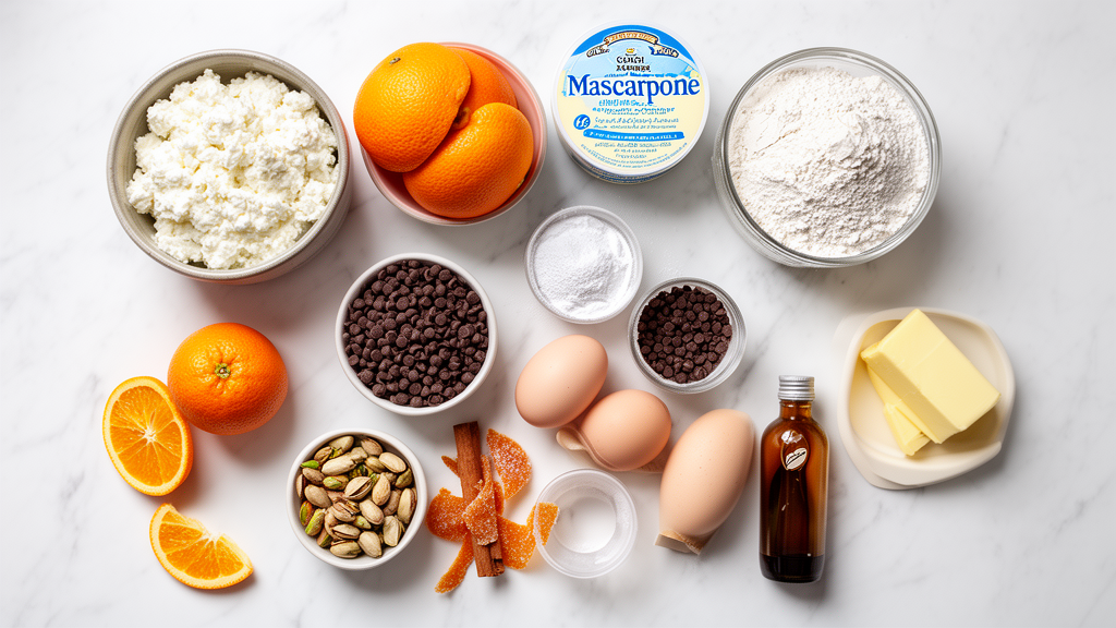 Overhead flat-lay of cannoli cake ingredients arranged on white marble surface