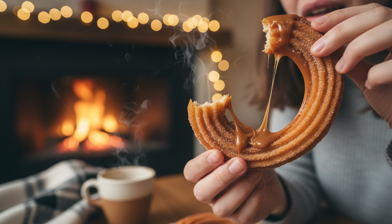 Person biting into a caramel churro with caramel sauce stretching