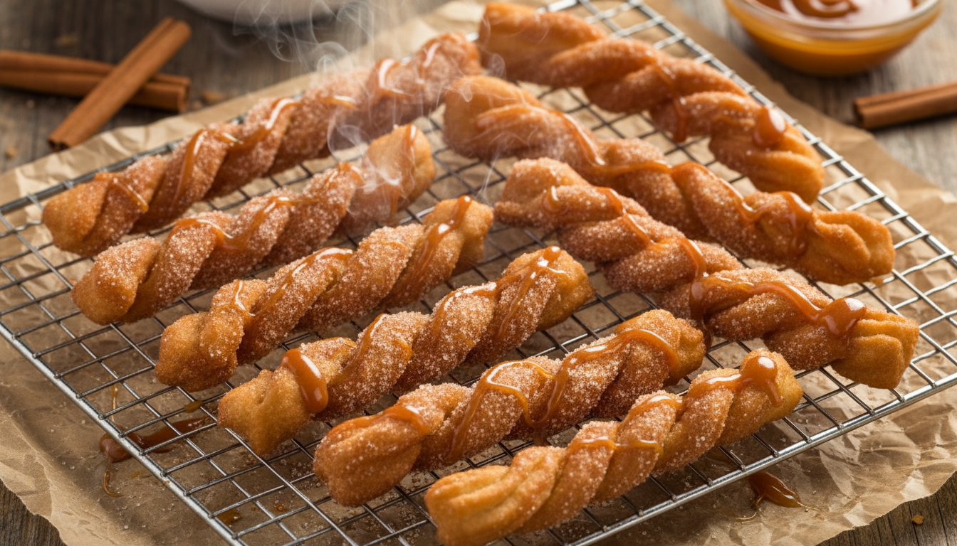 Freshly fried caramel churros cooling on a wire rack dusted with cinnamon sugar