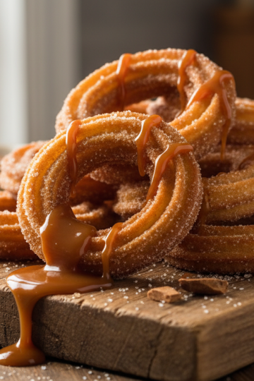 Caramel churros drizzled with caramel sauce on a rustic wooden board