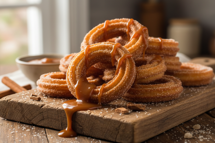 Caramel churros drizzled with caramel sauce on a rustic wooden board